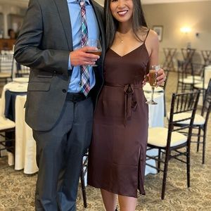 A&F brown satin slip dress with belt